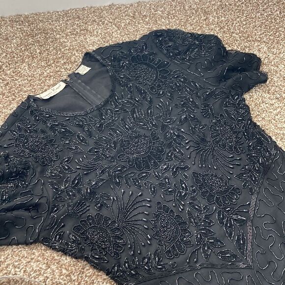 Vintage 80s Laurence Kazar Beaded Shortsleeve Black Formal Cocktail Dress Large - Picture 13 of 16